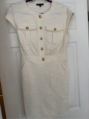 City Studio Cream Textured Sheath Dress with Gold Buttons and Pocket Flaps